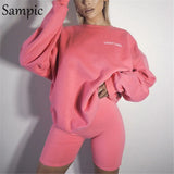 Women Winter Hoodies Sweatshirt Set Casual Outfits Long Sleeve Sport Pullovers Shirt Tops And Biker Shorts Two Piece