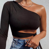 Sexy One Shoulder Cropped Tops Leopard Print Lace up T-shirts for Women Slim Fashion Autumn Winter Tees New