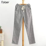 Cotton Linen Women Casual Pants 2018 Fashion Loose Long Pants Elastic Waist Straight Striped Trousers