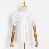 Patchwork Diamonds Shirt For Women Bowknot Collar Short Sleeve Solid Blouses Female Fashion Clothing Style New