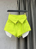 Women's Denim Shorts High Waist Fluorescent Green Cuffs Design Belt Wide Leg Short Pants 2024 Summer New Fashion 29L1819-Outfit
