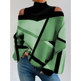 Women's Lantern Sleeves Geometric Print Tshirts Top Casual Loose Pullover High Neck T-shirt Roupas