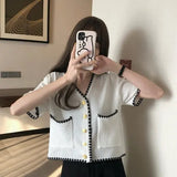 Women V-neck Knitwear Crop Tunic Short Sleeve Summer Korean Style Panelled New Arrival Open Front All-match Leisure