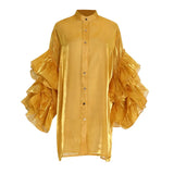 Casual Ruffle Trim Shirt For Women Stand Collar Flare Sleeve Solid Button Through Blouse Female Fashion Clothes