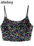 Women Sexy Fashion Shinny Sequin Cropped Tank Tops Vintage Backless Thin Straps Female Camis