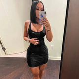 PU Patent Leather Sheath Tank Dress PVC Latex Nightclub Dresses Bodycon Package Hip Summer Women Short Mini Low Cut Slim-Outfit