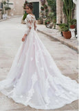 party dress gift 2022 Boho A-line Wedding Dresses Pink Long Sleeves Lace Appliques Tull Bridal Dress Wedding Gown For Women vestido de