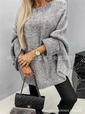 Pullovers Women Solid Knitted Cloak Tops Jumpers Round Neck Bat Full Sleeve Splice Loose Casual Tops Autumn Winter-Outfit
