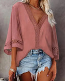 Solid Color Flare Sleeve Top For Women's New Blouse V-neck Hollowed Out Lace Patchwork Shirt Blusa Feminina