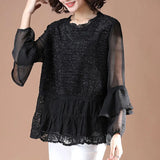 Casual Loose O-Neck Fashion Sequined Chiffon Blouse Spring Autumn Korean Ruffles Lace Spliced All-match Long Sleeve