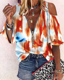 Loose Zipper Print Shirt Blouse Women Spring Summer Fashion V-neck Lantern Sleeve Shirts For Women Sexy Off Shoulder Top-Outfit