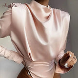 White Satin Chemisiers Blouse Long Sleeve Bodysuit Party Wear Ladies Clothe Bodysuits Tops Women Romper Mujer Shirt