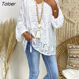 Loose Hook Flower Hollow Lace Shirt Women Elegant Long Sleeve V-neck White Blouses Women Casual Tops Blusas Mujer