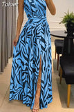Summer New Women Sexy Backless Long Dress One Shoulder Sleeveless Print Slit Beach Maxi Vestidos Prom Evening