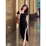 Fork Long Hepburn Small Black Dress Niche Figure Small Mother Bag Hip Long Dress Black Cold Sister Dress