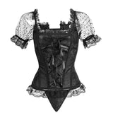 Sexy Corset Lace Up boned Overbust Bustier Belt Waist Bandage Shapers Short Sleeve Dancer Dress Top + G-string Skirt