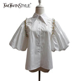 White Patchwork Diamonds Shirts For Women Lapel Puff Short Sleeve Straight Korean Blouses Female New Summer
