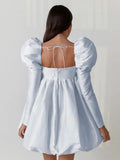 Puff Sleeves Woman Party Dress Evening Chic Square Collar Ball Gown Dress Short Beige Satin Dresses Pleated