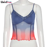 Sexy Women Sleeveless Camisole Y2K Tops Mesh Patchwork Lace Ruffles Backless Summer Vacation Streetwear Fashion