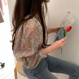 Sweet Young Style Floral Square Collar Shirt Spring Autumn Fashion New Long Sleeve Loose Female Printed Vintage