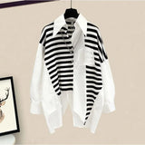 Clothing Striped Pockets Spliced Shirt Spring Autumn Korean Fashion Asymmetrical Single-breasted Casual Irregular
