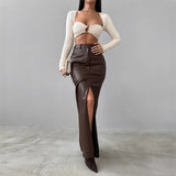 Toloer Women's Wear 2024 Leather Design Sense Open Fork Solid Color High Waist Simple Leather Slim Body Skirt-Outfit