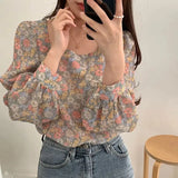 Sweet Young Style Floral Square Collar Shirt Spring Autumn Fashion New Long Sleeve Loose Female Printed Vintage