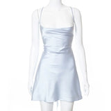 Elegant Sexy Backless Bandage Mini Dresses Club Party Summer Slip Dress Sleeveless Silky High Waist Dress Solid