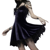 Women Ruffles Velvet Dress Summer 2023 Adults Fashion Retro Sleeveless Backless Spaghetti Strap V-Neck Lace Trim Bowknot Dress-Outfit