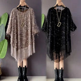 Women's Clothing Irregular Tassel Blouse Chic Sequined Spliced Commute Korean Loose Spring Autumn O-Neck Casual 3/4 Sleeve