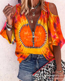 Loose Zipper Print Shirt Blouse Women Spring Summer Fashion V-neck Lantern Sleeve Shirts For Women Sexy Off Shoulder Top-Outfit