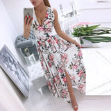 V-Neck Sleeveless Summer Dress Women Chiffon Split Maxi Party Dress Sexy Vintage Floral Print Long Dresses Vestido