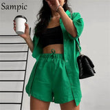 Casual Lounge Wear Summer Green Tracksuit Women Shorts Set Short Sleeve Shirt Tops And Loose Mini Shorts Two Piece