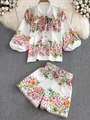 Two Piece Shorts Outfit Women Bow Neck Puff Sleeve Floral Print Single Breasted Shirts and Belt Pockets Shorts Set