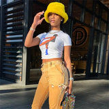 Fashion Print Round Neck Short-Sleeved Temperament Slim Navel T-Shirt Outer
