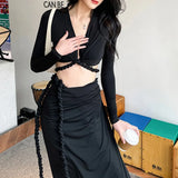 Solid Two Piece Set Womens V Neck Long Sleeve Tops High Waist Midi Skirts Solid Slim Sets Female Clothes Spring