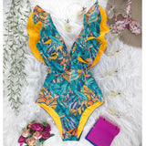New Print Swimwear Deep V-Neck Ruffle Swimsuit Push Up One Piece Swimsuit Beach Wear Backless