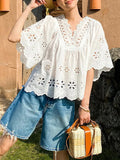 Embroidery Art White Top Women's Sleeves Holiday Blouse Women's Niche Design Women's Shirt