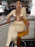 Streetwear Womens 2 Two Peice Sets Outfits 2022 Long Sleeve V Neck Crop Top Skinny Pants Suits Black White Matching