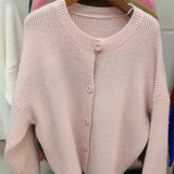 Collar Solid Color Knitted Button Cardigan Women's Long Sleeved Autumn New Style Loose Lazy Casual Sweater Jacket-Outfit