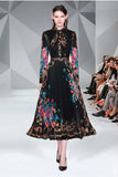 Autumn Runway Designer Bow Neck Pleated Dress Women Long Sleeve Ruffles Lace Patchwork Floral Print Elegant Midi