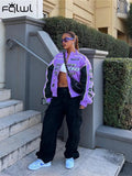 Autumn Baseball Fashion Jackets For Women 2022 Patchwork Zippy Up Purple Tops Jackets Coats Casual Varsity Bomber