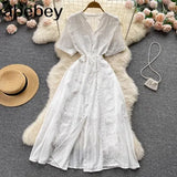 Quality French Lace Dress Women Elegant Short Sleeve Hollow A-line Dresses Summer Fashion Streetwear Maxi Long