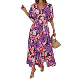 New Floral Print Dress Tight Belt V-Neck Short-Sleeved Dress