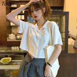 Women Summer Short-sleeve Turn-down-collar Solid Short Womens Tops Blouses Korean Style Loose All-match Slim Trendy