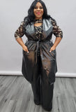 Plus Size Pocket PU Leather Long Vest And Pant 2 Piece