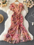 Retro Minority Design Rope Printing V-Collar Jumpsuit Skirt Summer Women's Dress Waist Hip Fishtail Skirt Tide-Outfit