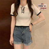 Spring New College Style Short Style Blouse POLO Collar Looks Thin And Cool With Age-Outfit