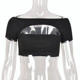 Women Fashion Sexy Off Shoulder Hollow Out Skinny T-Shirts Lady Slash Neck Short Sleeve Crop Tops 2022