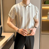 Summer High-End Short-Sleeved Men's Fashion Brand Striped Collar Ice Silk Knitted Half-Sleeved T-Shirt For